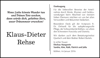 Traueranzeige von Klaus-Dieter Rehse von WVG - Wochenspiegel Dessau / Köthen