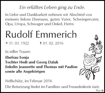Traueranzeige von Rudolf Emmerich von WVG - Wochenspiegel NMB / WSF / ZTZ