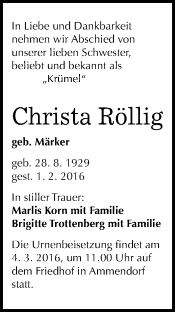 Traueranzeige von Christa Röllig von Mitteldeutsche Zeitung Halle/Saalkreis