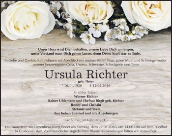 Traueranzeige von Ursula Richter von Mitteldeutsche Zeitung Mansfelder Land