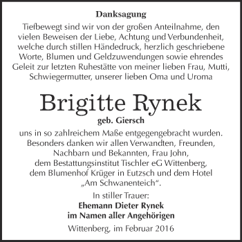 Traueranzeige von Brigitte Rynek von WVG - Wochenspiegel Wittenberg