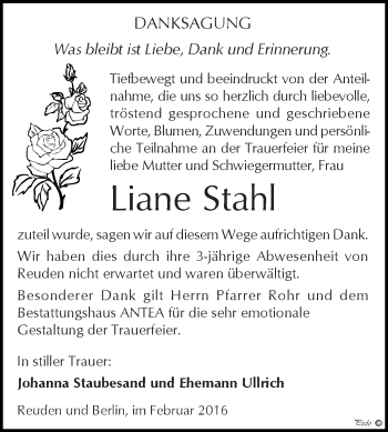 Traueranzeige von Liane Stahl von Super Sonntag Zeitz