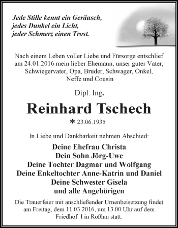 Traueranzeige von Reinhard Tschech von WVG - Wochenspiegel Dessau / Köthen