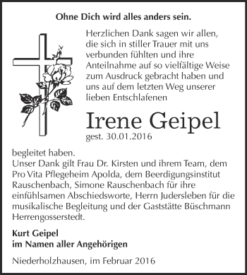Traueranzeige von Irene Geipel von WVG - Wochenspiegel NMB / WSF / ZTZ
