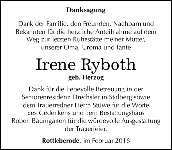 Traueranzeige von Irene Ryboth von Mitteldeutsche Zeitung Sangerhausen