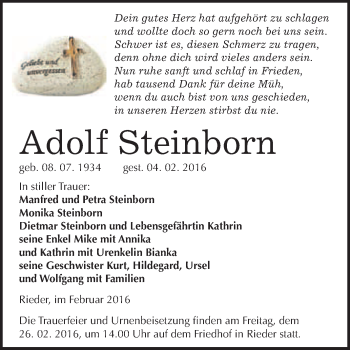 Traueranzeige von Adolf Steinborn von WVG - Wochenspiegel Quedlinburg