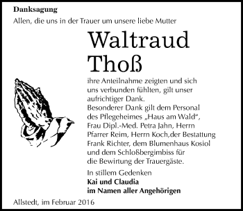 Traueranzeige von Waltraud Thoß von Mitteldeutsche Zeitung Sangerhausen