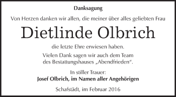 Traueranzeige von Dietlinde Olbrich von WVG - Wochenspiegel Merseburg
