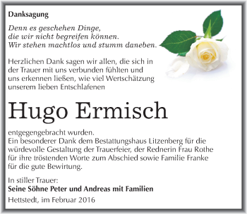 Traueranzeige von Hugo Ermisch von Mitteldeutsche Zeitung Mansfelder Land
