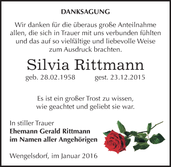 Traueranzeige von Silvia Rittmann von Mitteldeutsche Zeitung Weißenfels