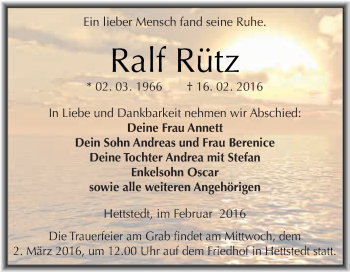 Traueranzeige von Ralf Rütz von Wochenspiegel Mansfelder Land