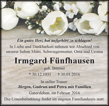 Traueranzeige von Irmgard Fünfhausen von Mitteldeutsche Zeitung Aschersleben