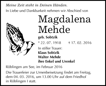 Traueranzeige von Magdalena Mehde von Mitteldeutsche Zeitung Mansfelder Land