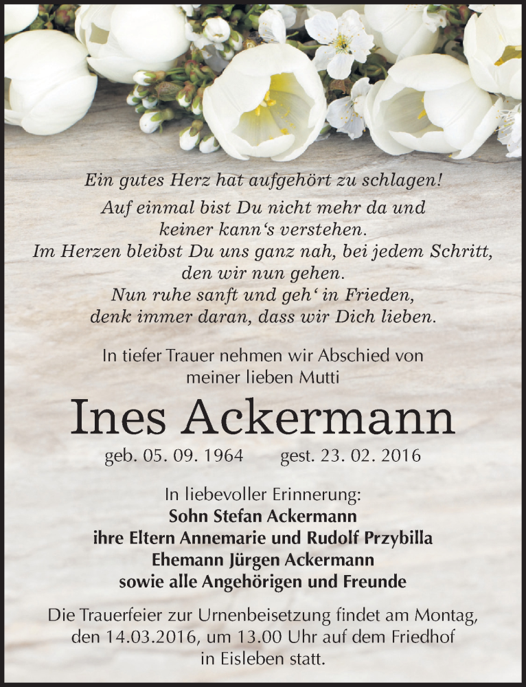  Traueranzeige für Ines Ackermann vom 27.02.2016 aus Mitteldeutsche Zeitung Mansfelder Land
