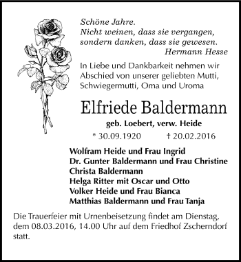 Traueranzeige von Elfriede Baldermann von Mitteldeutsche Zeitung Bitterfeld