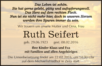 Traueranzeige von Ruth Seifert von Mitteldeutsche Zeitung Zeitz