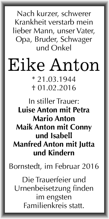 Traueranzeige von Eike Anton von Mitteldeutsche Zeitung Mansfelder Land