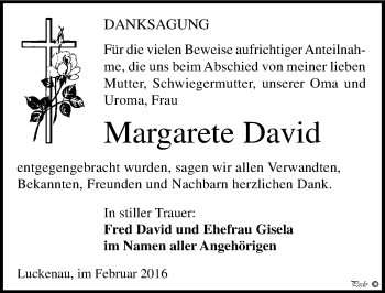 Traueranzeige von Margarete David von Mitteldeutsche Zeitung Zeitz