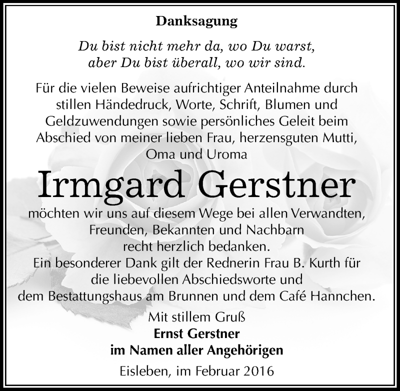  Traueranzeige für Irmgard Gerstner vom 20.02.2016 aus Mitteldeutsche Zeitung Mansfelder Land
