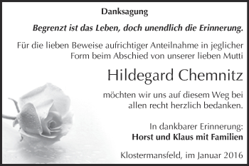 Traueranzeige von Hildegard Chemnitz von Wochenspiegel Mansfelder Land