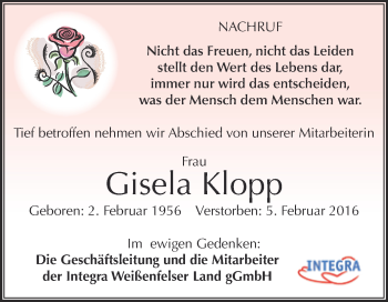 Traueranzeige von Gisela Klopp von WVG - Wochenspiegel NMB / WSF / ZTZ