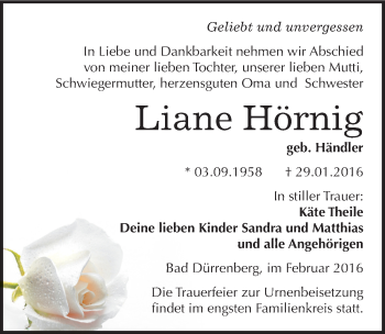 Traueranzeige von Liane Hörnig von Mitteldeutsche Zeitung Merseburg/Querfurt