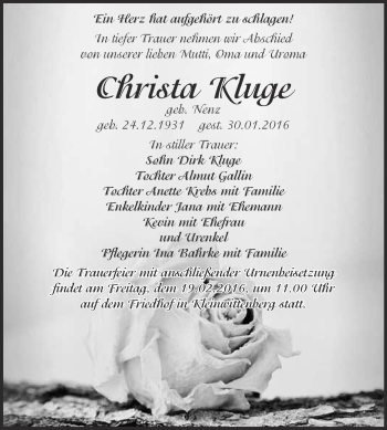 Traueranzeige von Chrietot Kluge von WVG - Wochenspiegel Wittenberg
