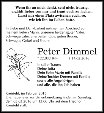 Traueranzeige von Peter Dimmel von Mitteldeutsche Zeitung Mansfelder Land