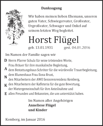 Traueranzeige von Horst Flügel von Super Sonntag Wittenberg