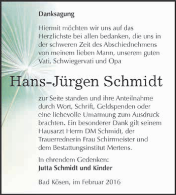 Traueranzeige von Hans-Jürgen Schmidt von WVG - Wochenspiegel NMB / WSF / ZTZ
