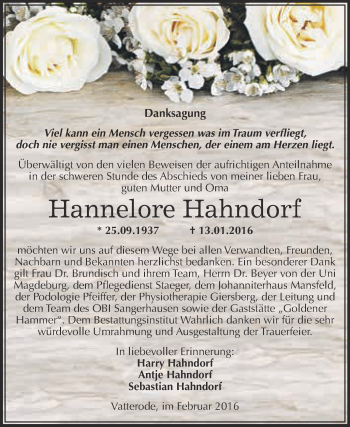 Traueranzeige von Hannelore Hahndorf von Wochenspiegel Mansfelder Land