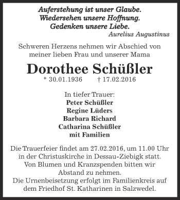 Traueranzeige von Dorothee Schüßler von WVG - Wochenspiegel Dessau / Köthen
