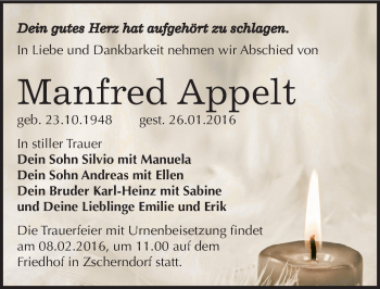 Traueranzeige von Manfred Appelt von Mitteldeutsche Zeitung Bitterfeld