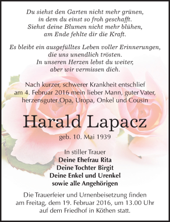 Traueranzeige von Harald Lapacz von Mitteldeutsche Zeitung Köthen