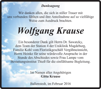 Traueranzeige von Wolfgang Krause von Super Sonntag Quedlinburg
