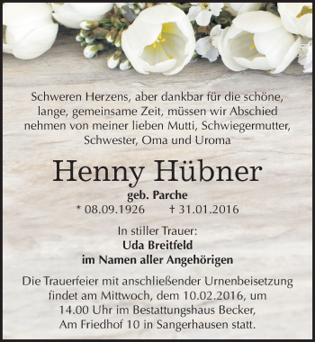 Traueranzeige von Henny Hübner von Mitteldeutsche Zeitung Sangerhausen