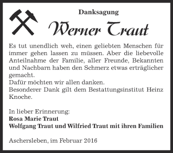 Traueranzeige von Werner Traut von Super Sonntag Aschersleben