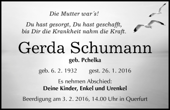 Traueranzeige von Gerda Schumann von Mitteldeutsche Zeitung Merseburg/Querfurt