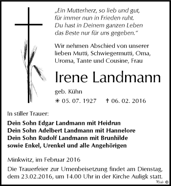 Traueranzeige von Irene Landmann von Mitteldeutsche Zeitung Zeitz
