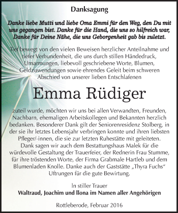 Traueranzeige von Emma Rüdiger von Mitteldeutsche Zeitung Sangerhausen