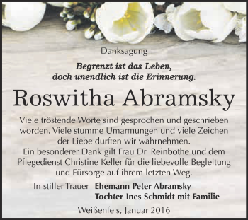 Traueranzeige von Roswitha Abramsky von WVG - Wochenspiegel NMB / WSF / ZTZ