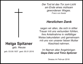 Traueranzeige von Helga Spitzner von WVG - Wochenspiegel Dessau / Köthen