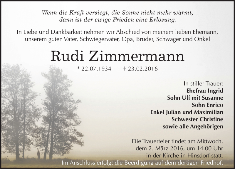  Traueranzeige für Rudi Zimmermann vom 27.02.2016 aus Mitteldeutsche Zeitung Köthen