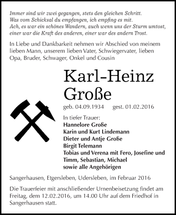Traueranzeige von Karl-Heinz Große von Super Sonntag SGH Mansf. Land