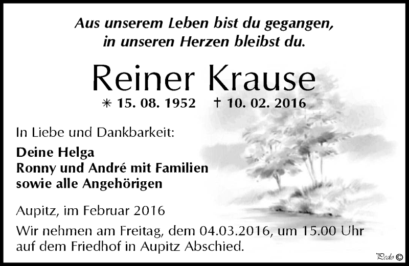  Traueranzeige für Reiner Krause vom 20.02.2016 aus Mitteldeutsche Zeitung Weißenfels