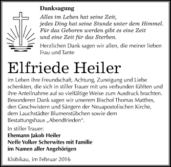 Traueranzeige von Elfriede Heiler von Mitteldeutsche Zeitung Merseburg/Querfurt