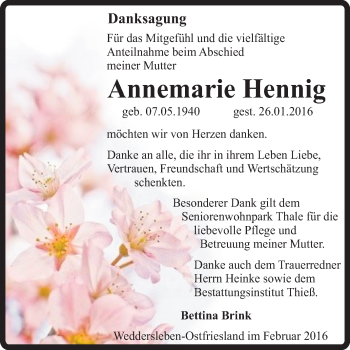 Traueranzeige von Annemarie Hennig von Super Sonntag Quedlinburg