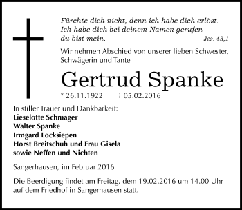 Traueranzeige von Gertrud Spanke von Mitteldeutsche Zeitung Sangerhausen