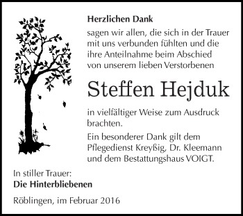 Traueranzeige von Steffen Hejduk von Wochenspiegel Mansfelder Land