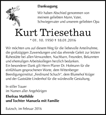 Traueranzeige von Kurt Triesethau von Mitteldeutsche Zeitung Wittenberg